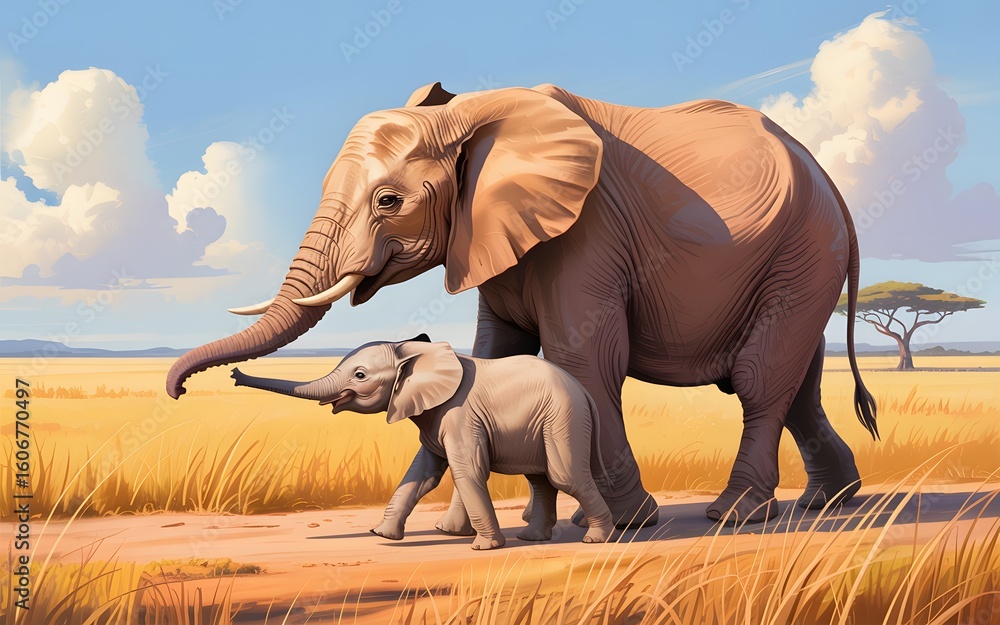 Fototapeta premium Mother elephant and baby elephant walking together in the african savanna