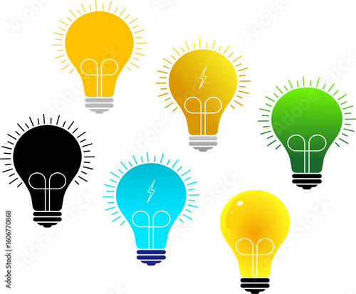 A colorful collection of six minimalist light bulb icons. This versatile set includes multiple color themes like classic yellow, eco green, and tech blue, representing various concepts. Modern vector 