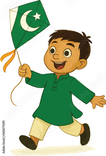 Cute Boy Flying Pakistani Flag Kite – Independence Day Celebration Vector

