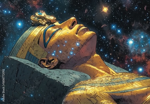 Cosmic Pharaoh in Space with Glowing Stars and Ancient Egyptian Artistry