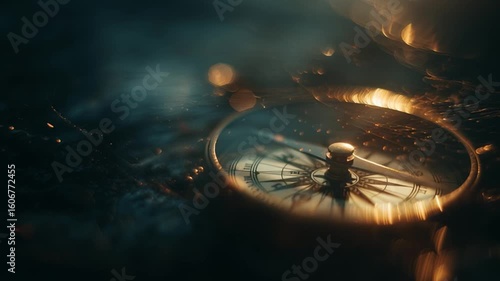 Compass glows softly in dark water revealing mystery and direction at twilight