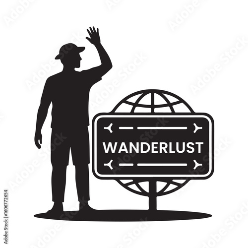 Silhouette of man waving next to wanderlust globe sign in black and white