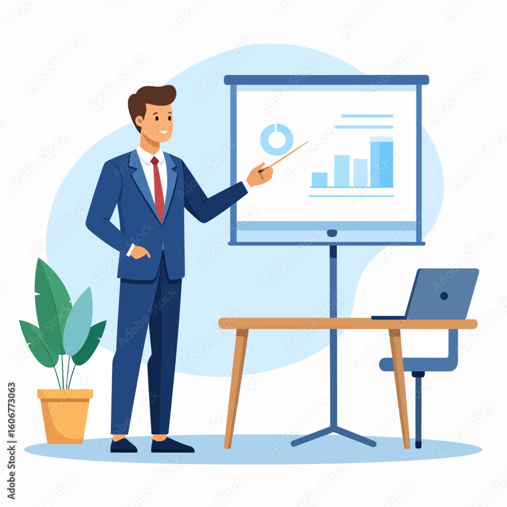 Fototapeta premium A businessman in a suit presents a graph on a whiteboard with a pointer, standing next to a table with a laptop and a potted plant.
