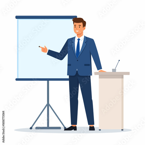 Businessman giving a presentation at a podium in front of a projection screen.