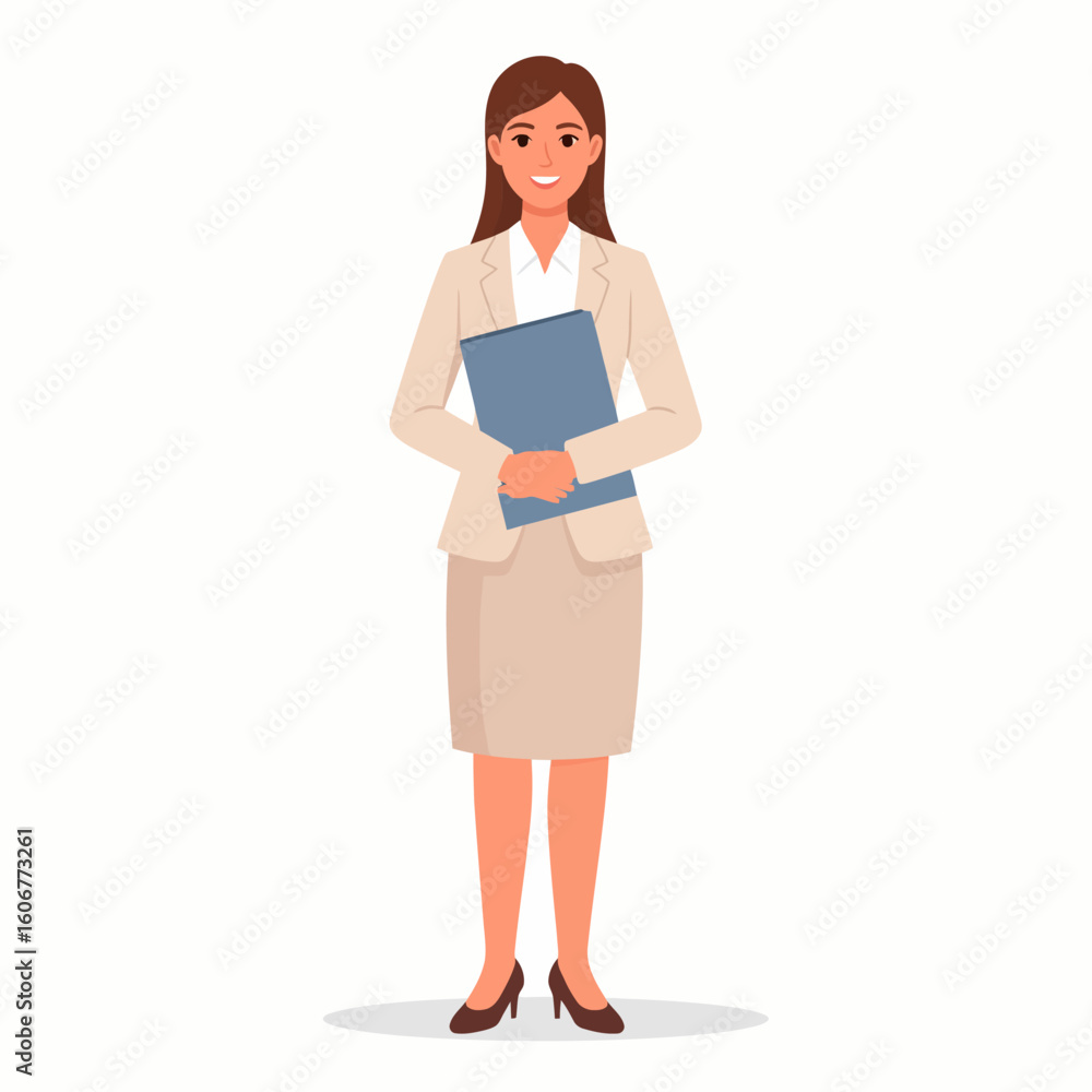Confident businesswoman holding a portfolio, standing professionally dressed. Confident businesswoman holding a portfolio, standing professionally dressed.