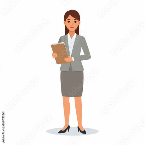 Businesswoman in a gray suit holding a clipboard, standing confidently.
