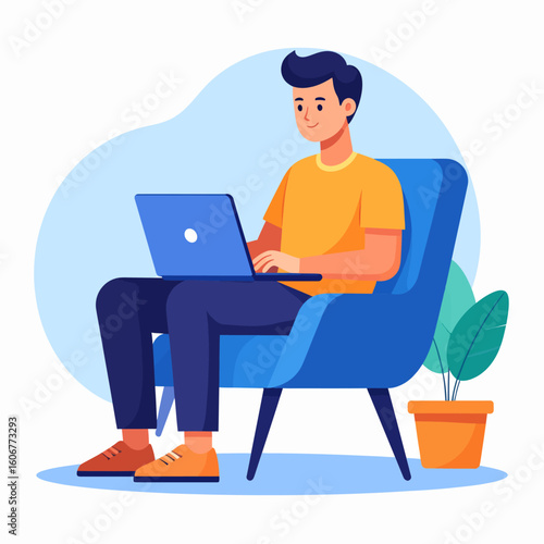 An illustration of a young man comfortably sitting in an armchair, focused on working or studying with his laptop.