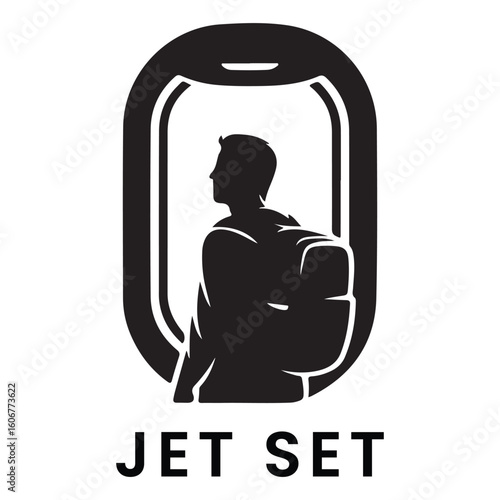 Silhouette of traveler with backpack looking out airplane window view