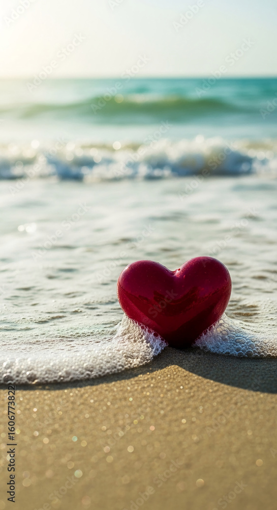 Fototapeta premium Red heart on sandy beach, gentle wave foam. Symbol of love, romance, Valentine's Day, beach vacation
