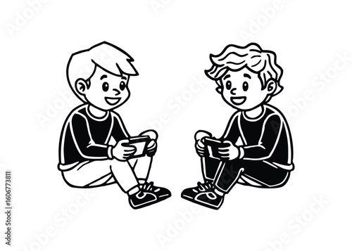 Silhouette of two boy best friend playing games isolated on a white background