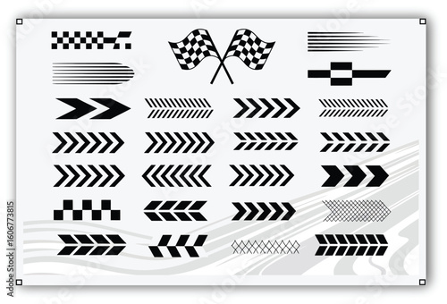 Black and white racing decals set with checkered flag patterns, motion stripes, finish line icons, flame designs, and automotive competition graphics for motorsport car designs