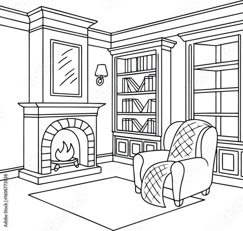 Cozy living room fireplace bookshelves armchair coloring page design