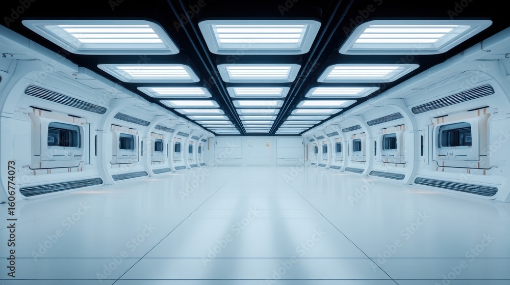 Obraz premium Futuristic spacecraft corridor with minimalist design features advanced technology, symmetrical layout,