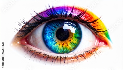 A close-up of a human eye with a rainbow-colored iris set against light skin and dark lashes—merging natural anatomy with surreal vibrance and imaginative visual appeal.