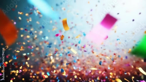 Bright confetti explosion against a blurred light blue background