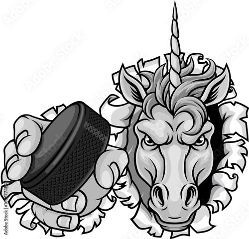 Unicorn horse stallion ice hockey angry sports team mascot holding a puck.