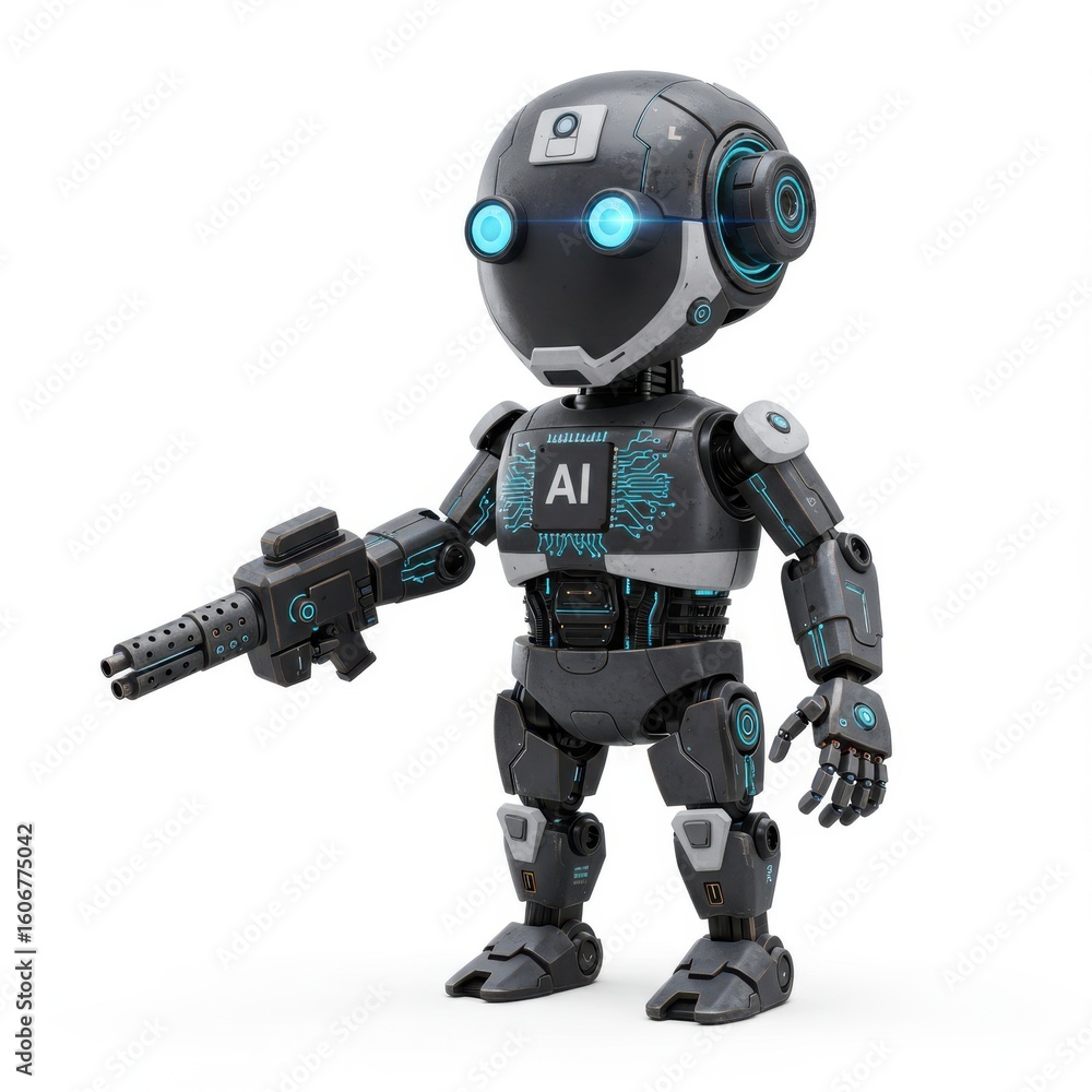 Futuristic AI Robot Figure Holding a Gun with Blue Accents Futuristic AI Robot Figure Holding a Gun with Blue Accents