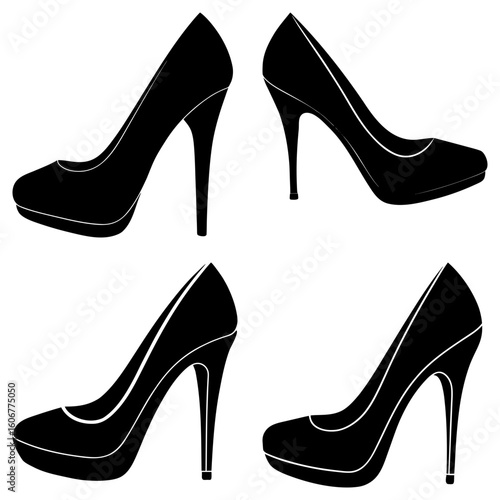 Silhouette of four black high heel shoes arranged in a square formation on a white background image