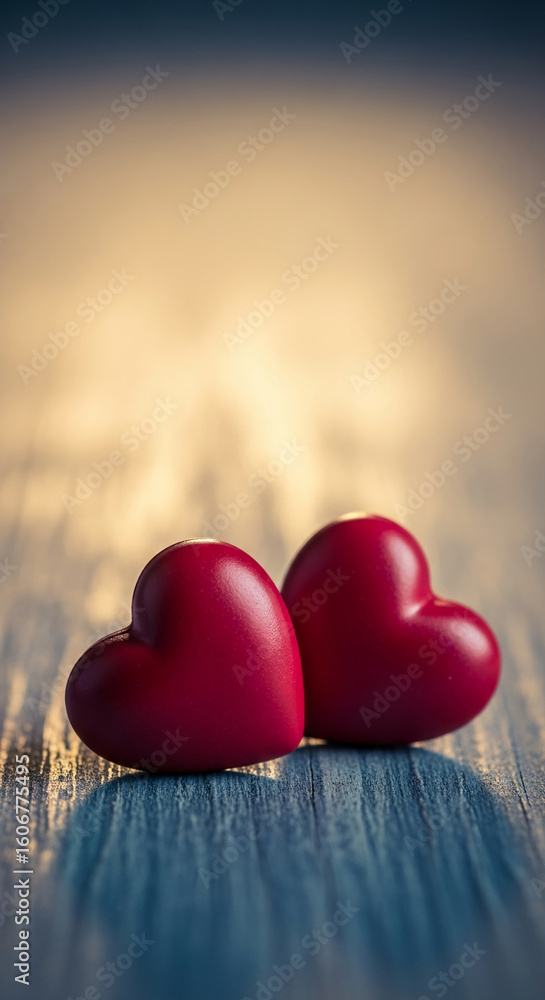 Fototapeta premium Two red hearts on a wood surface, illuminated by warm light, represent love, romance, and Valentine's Day