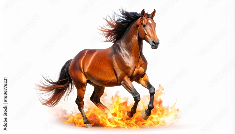 Obraz premium A powerful brown horse galloping across blazing flames with its mane and tail flowing wildly, set against a stark white background—symbolizing strength, motion, and untamed energy.