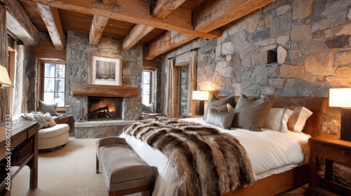 chalet-style bedroom, exposed wooden beams, stone walls, fur throws, fireplace, warm lighting, cozy mountain retreat 
