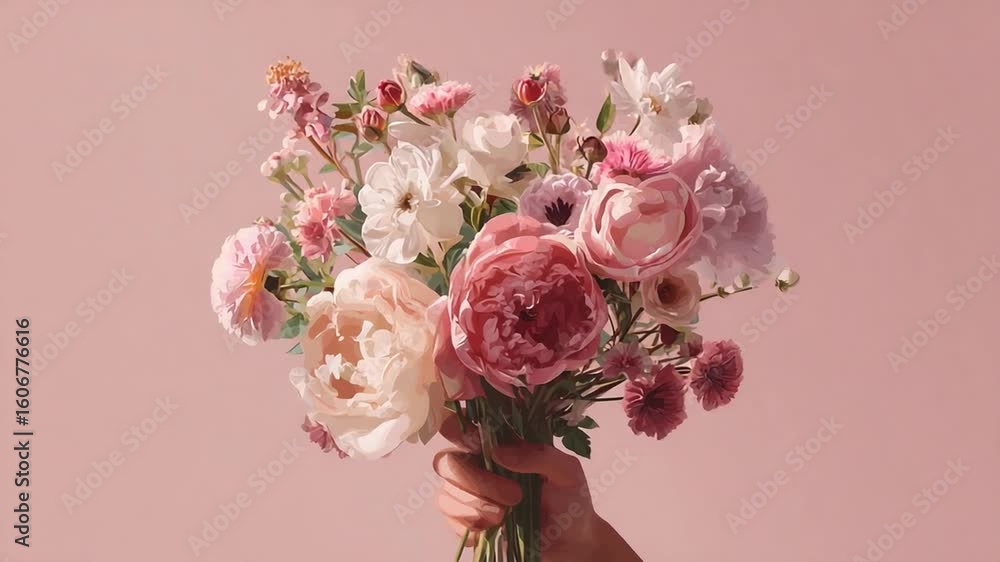 Beautiful bouquet of colorful flowers held in hand against a soft pink background Beautiful bouquet of colorful flowers held in hand against a soft pink background