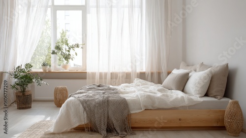 cozy minimalist bedroom, white linen bedding, light wooden bed, soft natural lighting, large window with sheer curtains, neutral tones