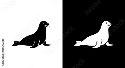 A minimalist graphic of a seal shown in two color variations, black on a white background and white on a black background.