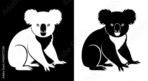 Two stylized koala bear illustrations, one white on black, the other black on white, both facing forward.