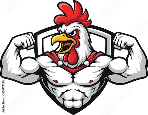 Muscular chicken mascot flexing biceps, powerful rooster character illustration, bodybuilding poultry design, fitness logo artwork, strong gym branding emblem, athletic cartoon bird symbol