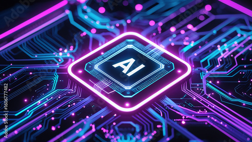 Futuristic ai technology glowing on a circuit board with neon lights