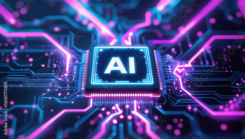 Glowing ai chip on a futuristic circuit board with neon lights