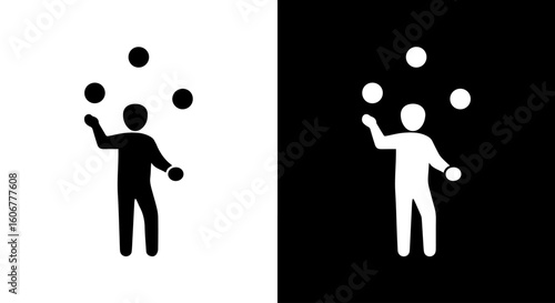 A set of two icons, one black and one white, depicting a stylized person juggling three balls in the air.