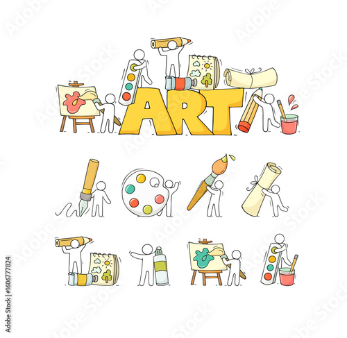 Art set with working little people. Doodle cute miniature of teamwork and drawing symbols. Hand drawn cartoon vector illustration for school subject design.