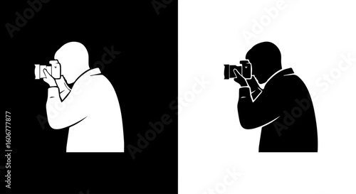 A stylized illustration depicts a person holding a camera to their eye, captured in both a white silhouette against a black background and a black silhouette...