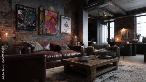 grunge loft living room, worn textures, exposed brick, distressed leather, vintage posters, moody atmosphere, underground style