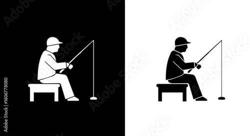 A man sits patiently fishing, a simple illustration shown in black and white.