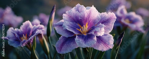 Iris balance in mood with flare concept. Vibrant purple flowers blooming in a lush garden setting.