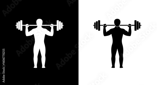 Weightlifter silhouette lifting barbell, shown in both black on white and white on black.