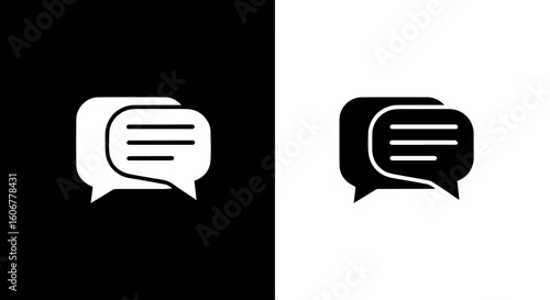Two contrasting speech bubbles, one white on black, the other black on white.