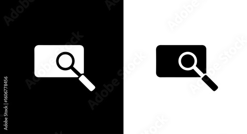 Simple search icon, black and white variations, magnifying glass over rectangle.