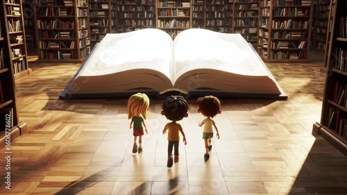 Three cartoon children walk towards a giant open book in a vast library with towering bookshelves.