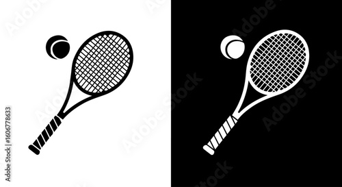 Tennis racket and ball displayed in black and white, contrasting on separate backgrounds.