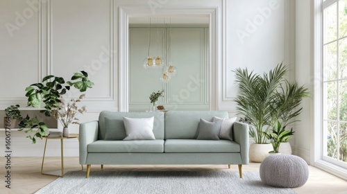 modern living room interior in light green tones, indoor plants, sage green sofa, white walls, natural light, minimalist decor, soft textures 