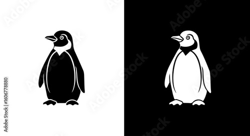 A stylized penguin illustration, presented in black and white inversions.