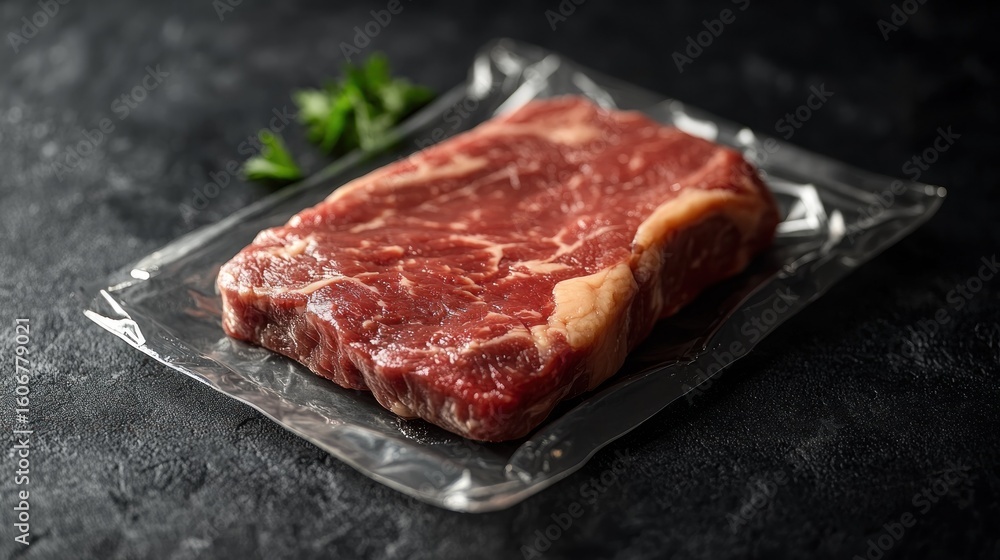 Fototapeta premium Raw steak in clear plastic wrap on dark surface (1)