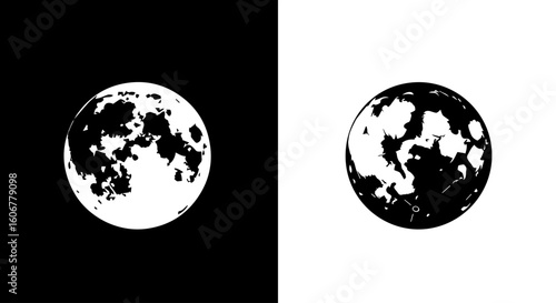 Two contrasting depictions of the moon, one white on black, the other black on white.