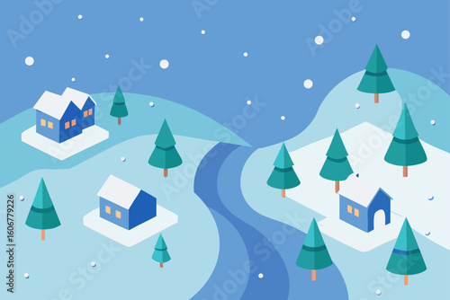 aerial winter village landscape snowy rooftops trees seasonal view