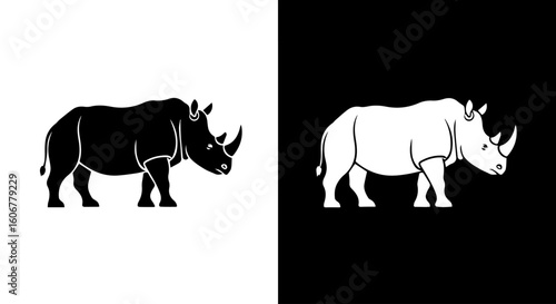 Two rhinoceros silhouettes, one black on white and one white on black, presented side-by-side.