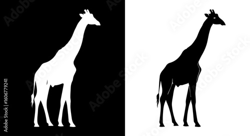 A contrasting pair of giraffe silhouettes, one white, one black, on a split background.
